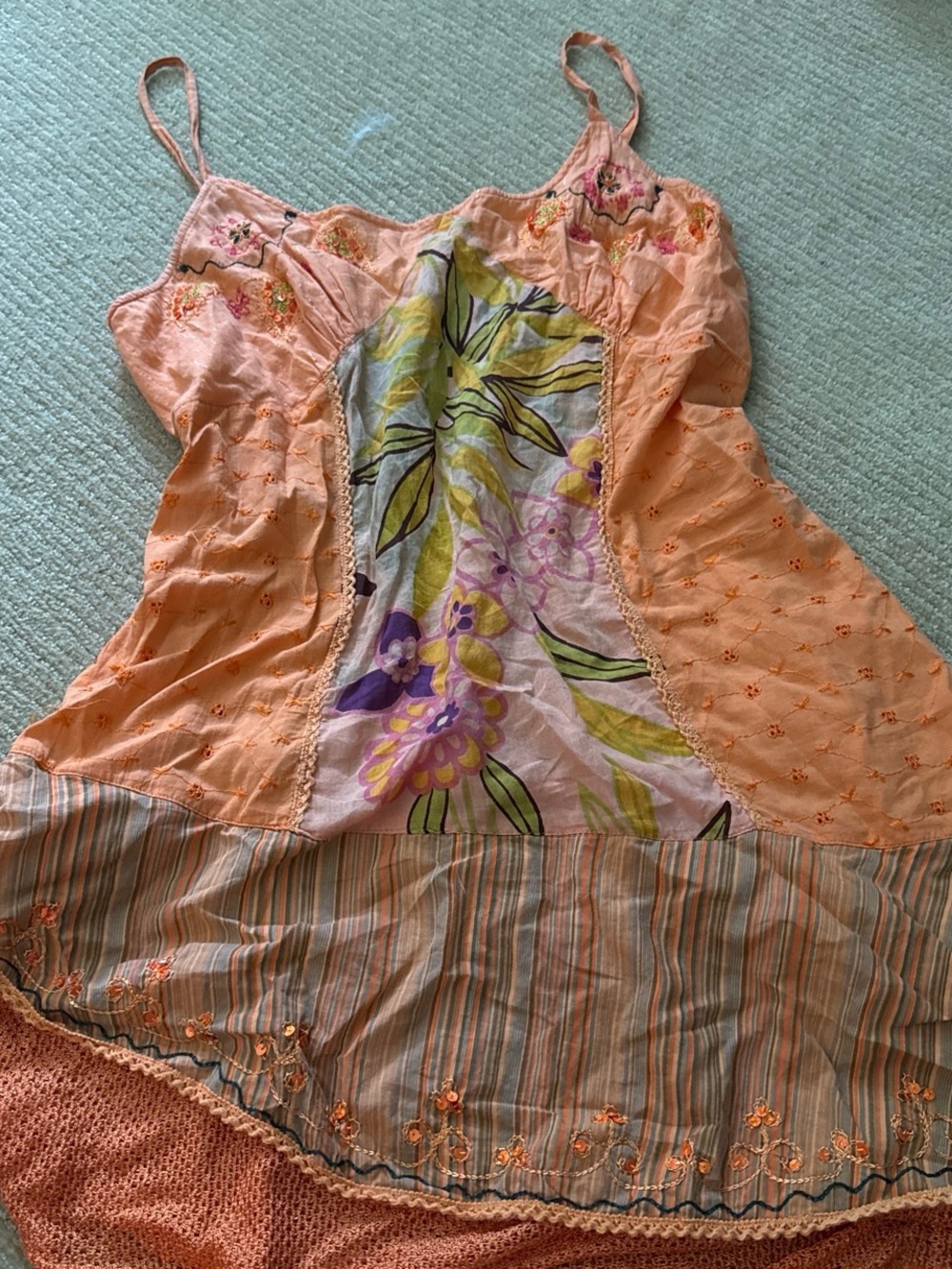 Peach Floral Patchwork Spaghetti Strap Women’s Top